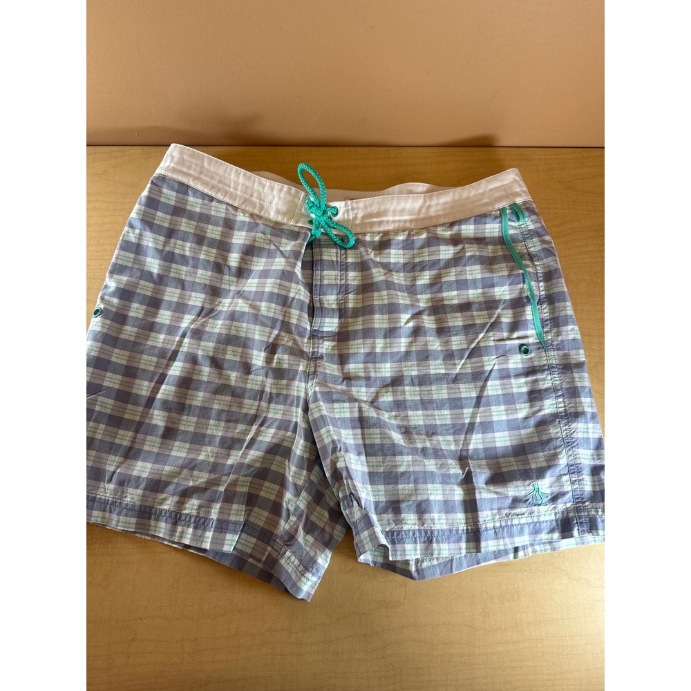Original Penguin Mens Plaid Swim Trunks Blue‎ Green Board Shorts Size 36